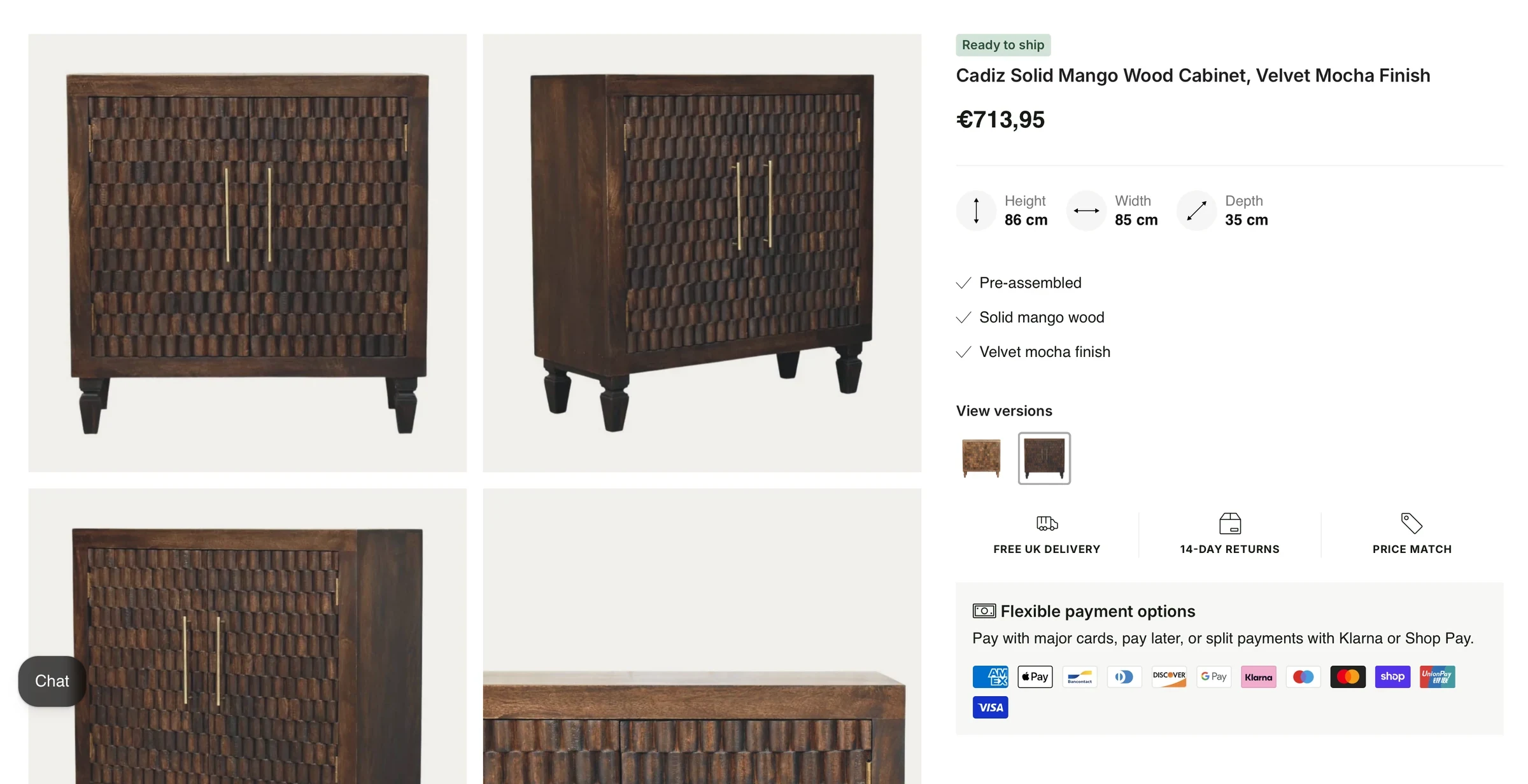 Ashford Furniture — Paginile de produs reunesc disponibilitatea, dimensiunile și opțiunile de finisaj.