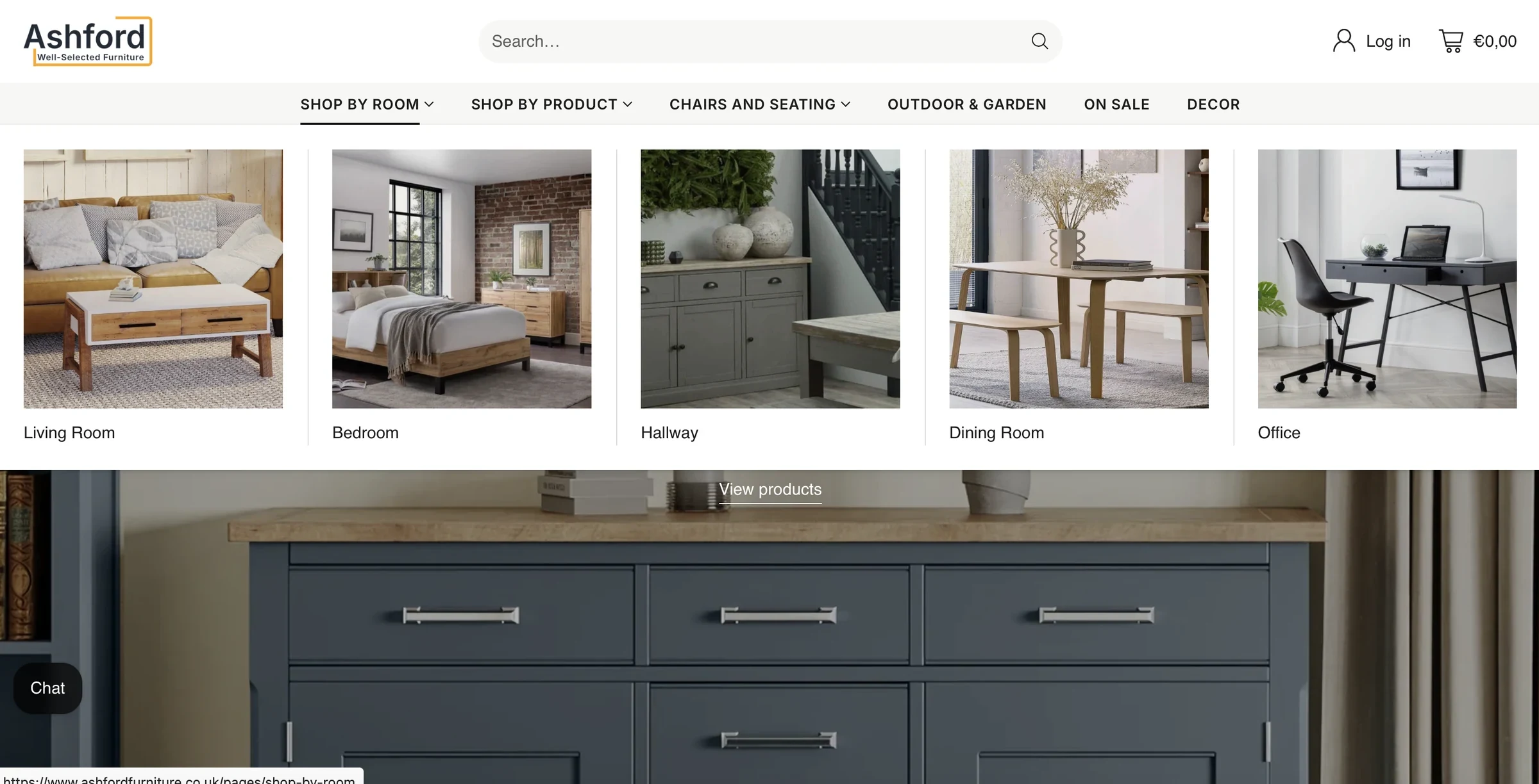 Ashford Furniture — Mega meniurile vizuale ajută clienții să cumpere în funcție de cameră.