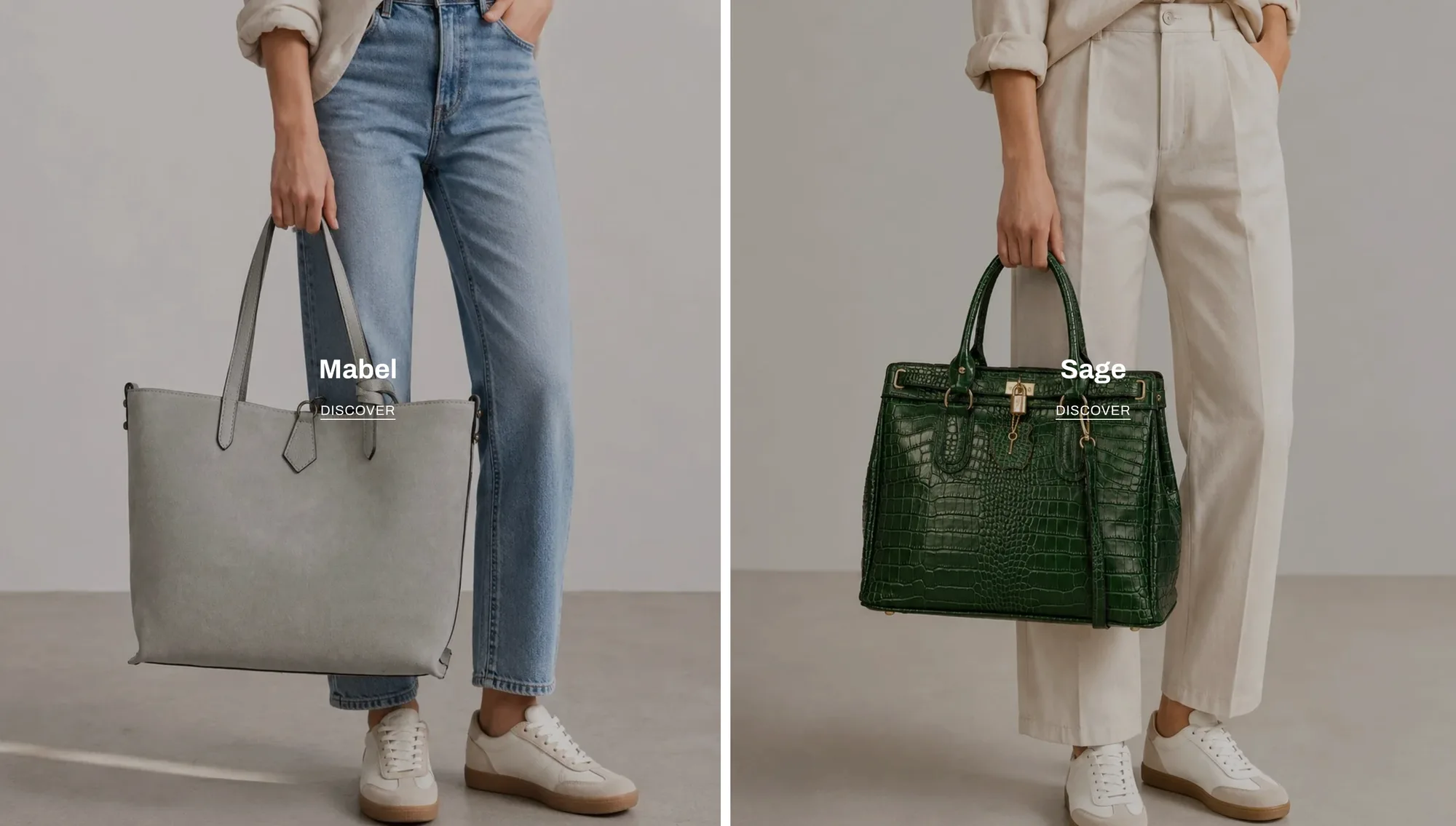 Atelier Bellariva — Prezentări alăturate ale genților Mabel și Sage, cu linkuri către produse.