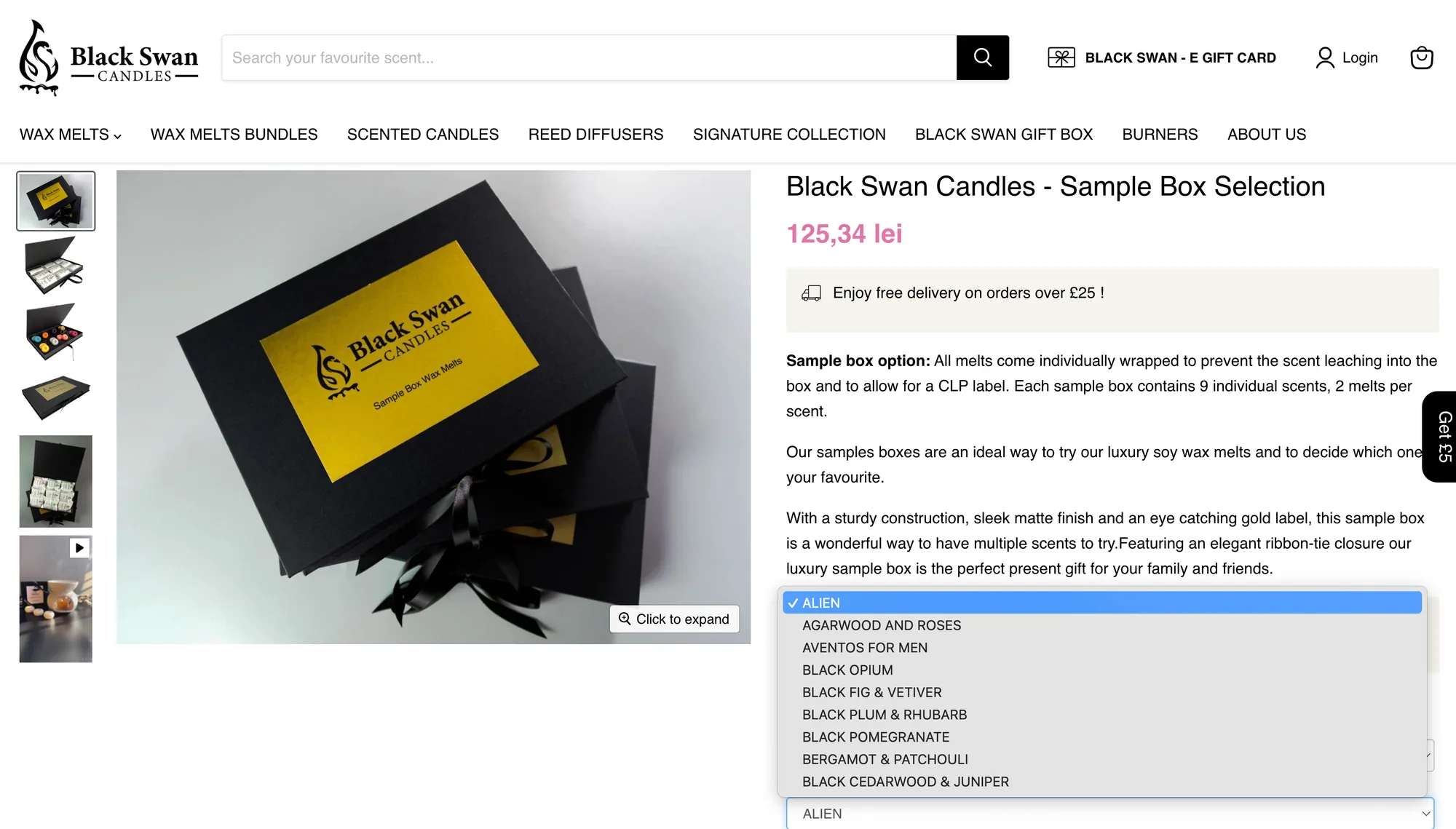 Black Swan Candles — Pagina cutiei de mostre, cu selectoare de arome pentru personalizarea conținutului.