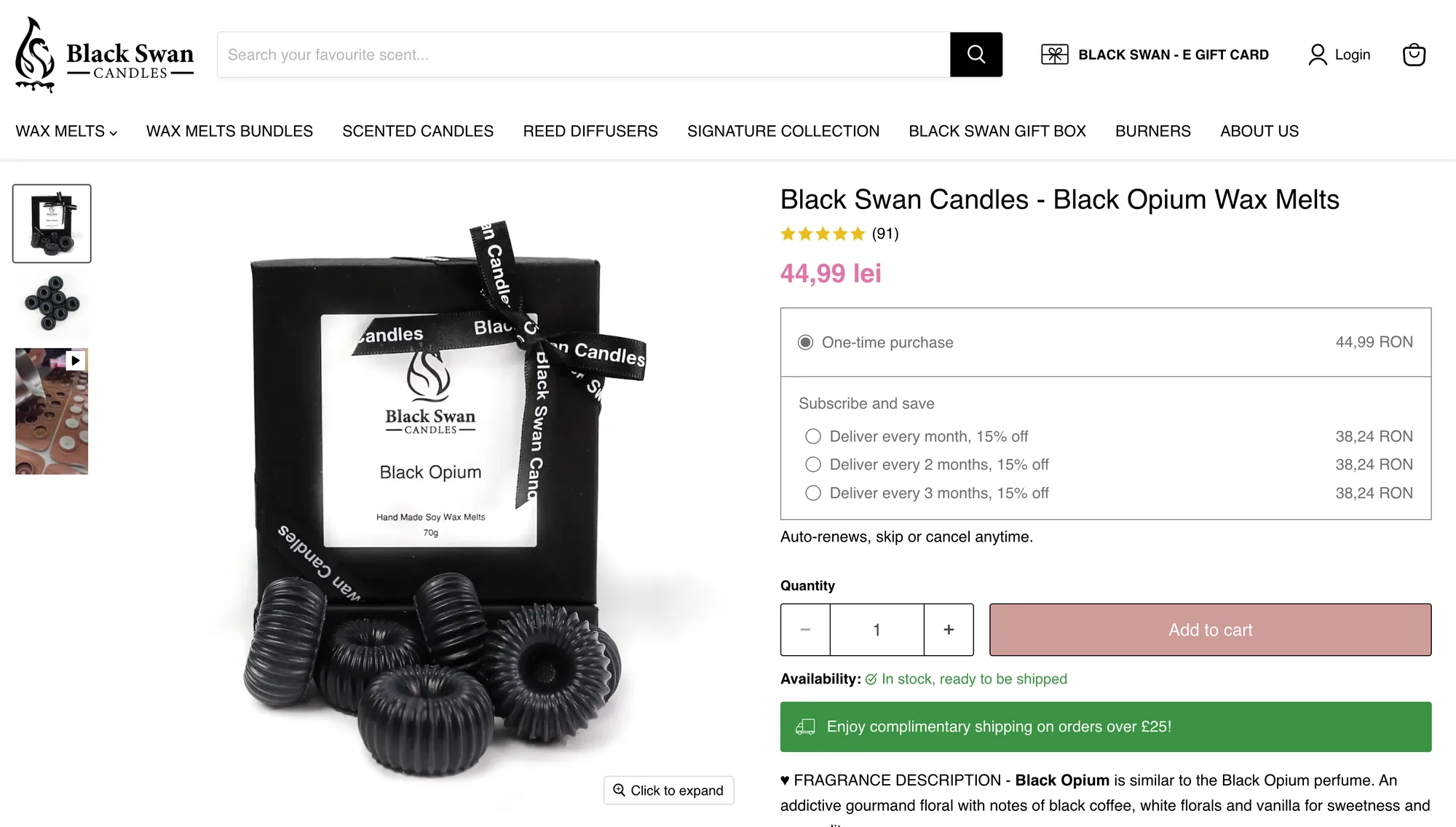 Black Swan Candles — Pagina de produs pentru ceară parfumată, cu achiziție unică și livrare recurentă.
