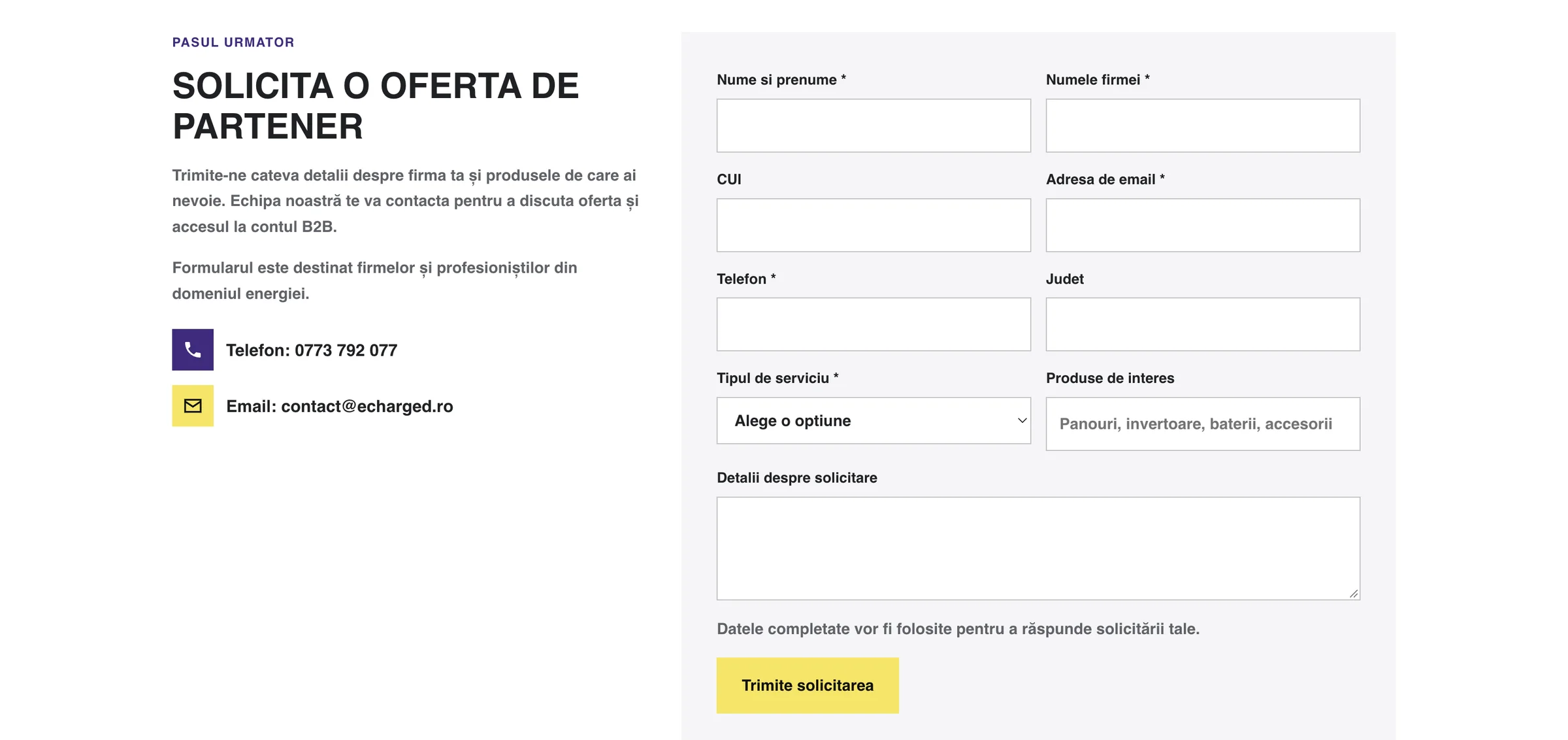 eCharged — Formular pentru solicitarea unei oferte