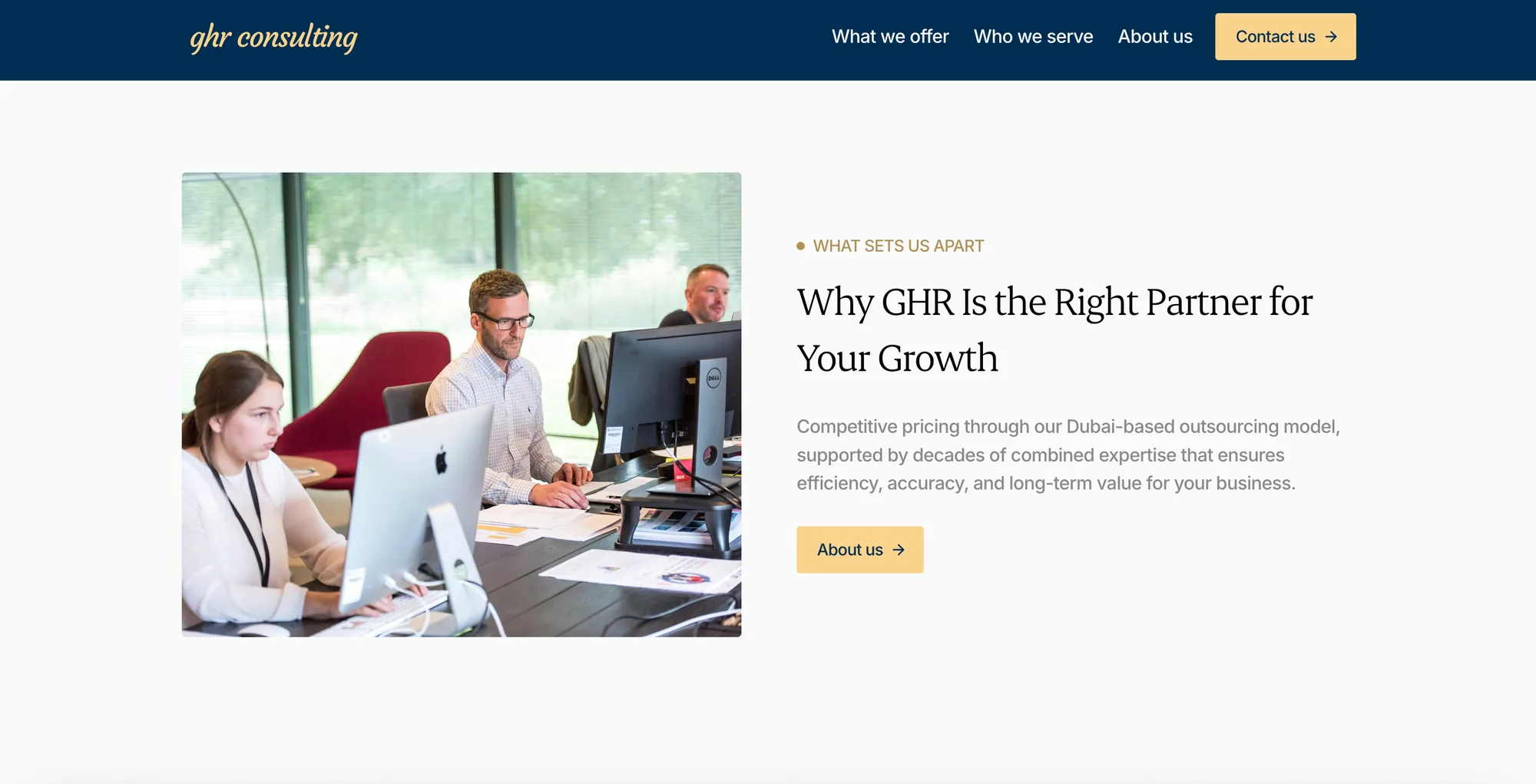 GHR Consulting — Poziționarea companiei și un link către mai multe informații despre consultanță.