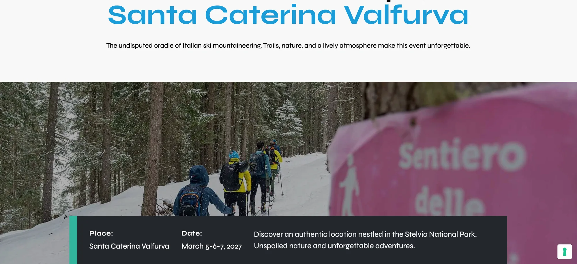 Skimo Festival — Site-ul festivalului prezintă Santa Caterina Valfurva și peisajul alpin.